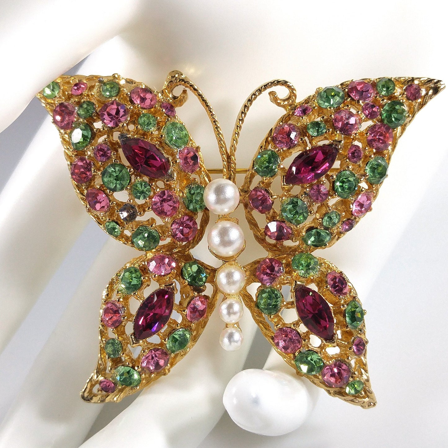 Vintage Pastel Rhinestone Butterfly Brooch, Faux Pearl Body, Uranium Glass, Vintage Jewelry
