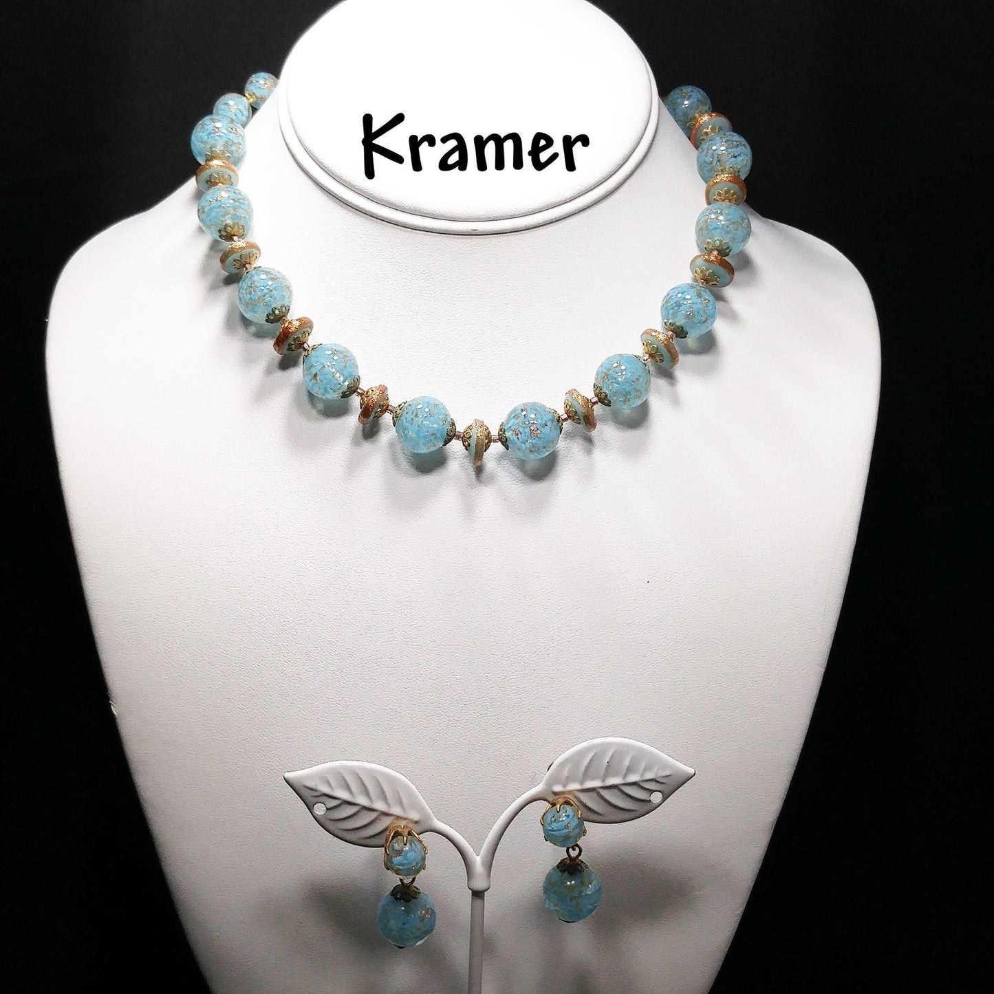 Kramer Turquoise Gold Beaded Necklace & Earrings Set, Gold Glitter Murano Glass