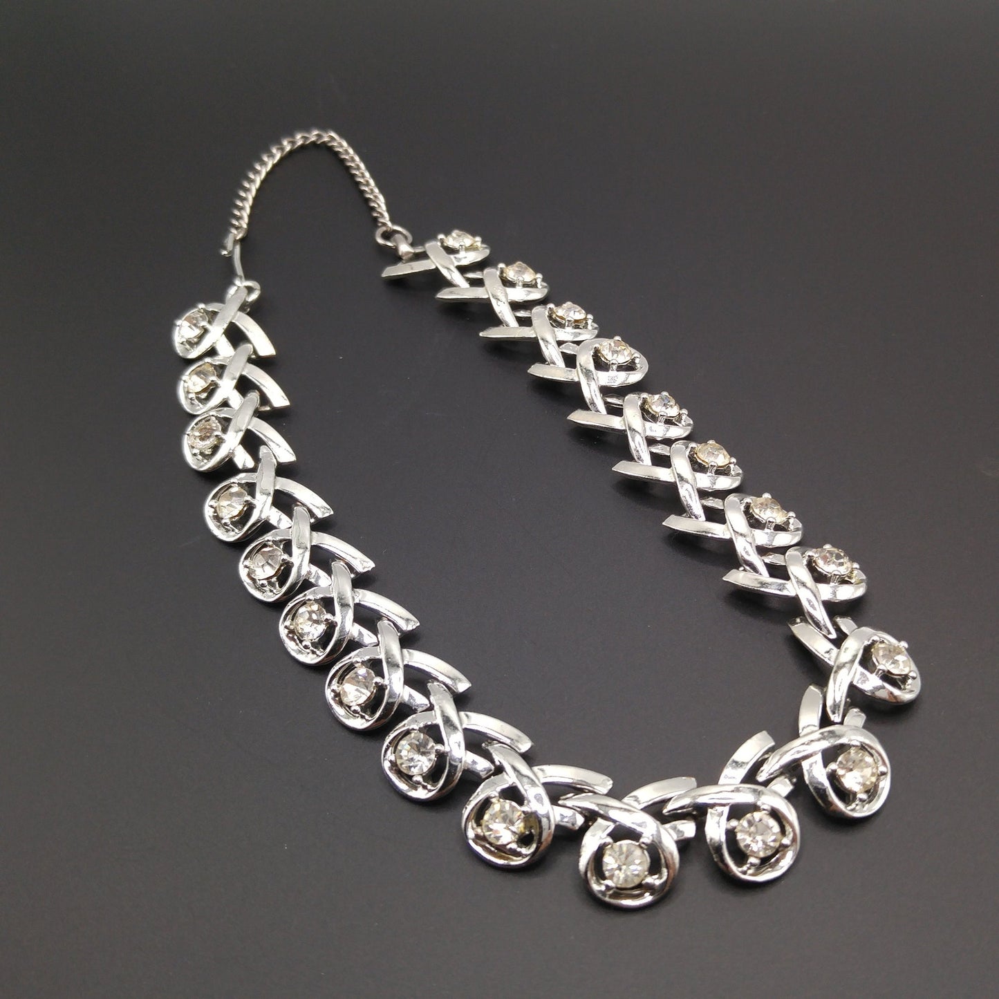 Clear Rhinestone Choker Necklace, Rhodium Plated, 1960s Vintage Jewelry