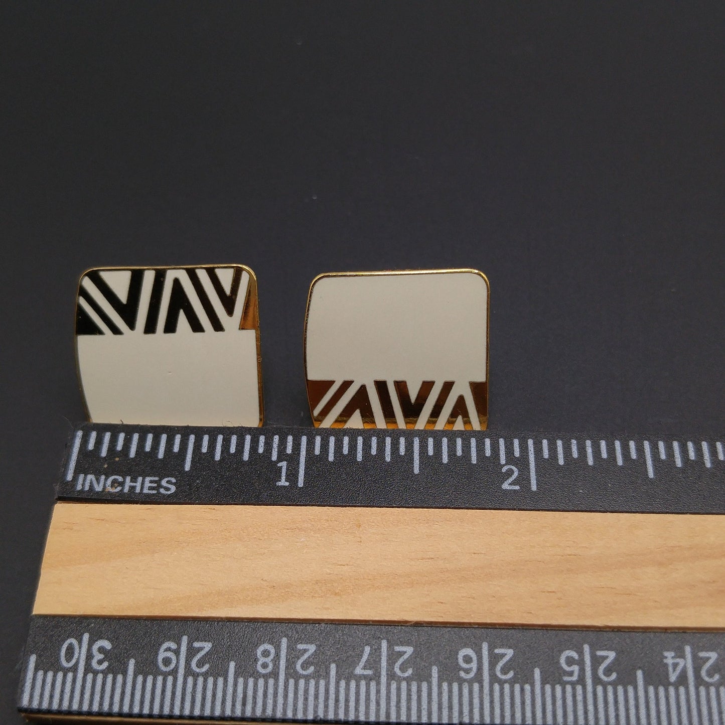 Vintage Laurel Burch "Naito" Geometric Post Earrings, Cream Enamel, Gold Plate