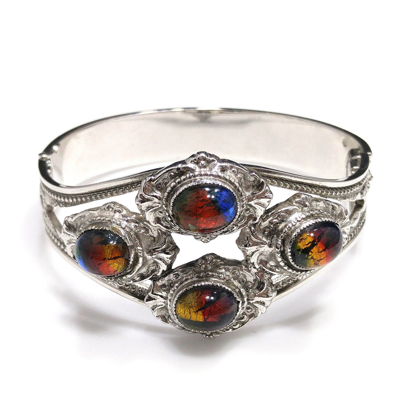 Whiting & Davis Cuff Bracelet, Gold Foil Rainbow Cabochons, Rhodium Plated, 1970s Vintage Jewelry