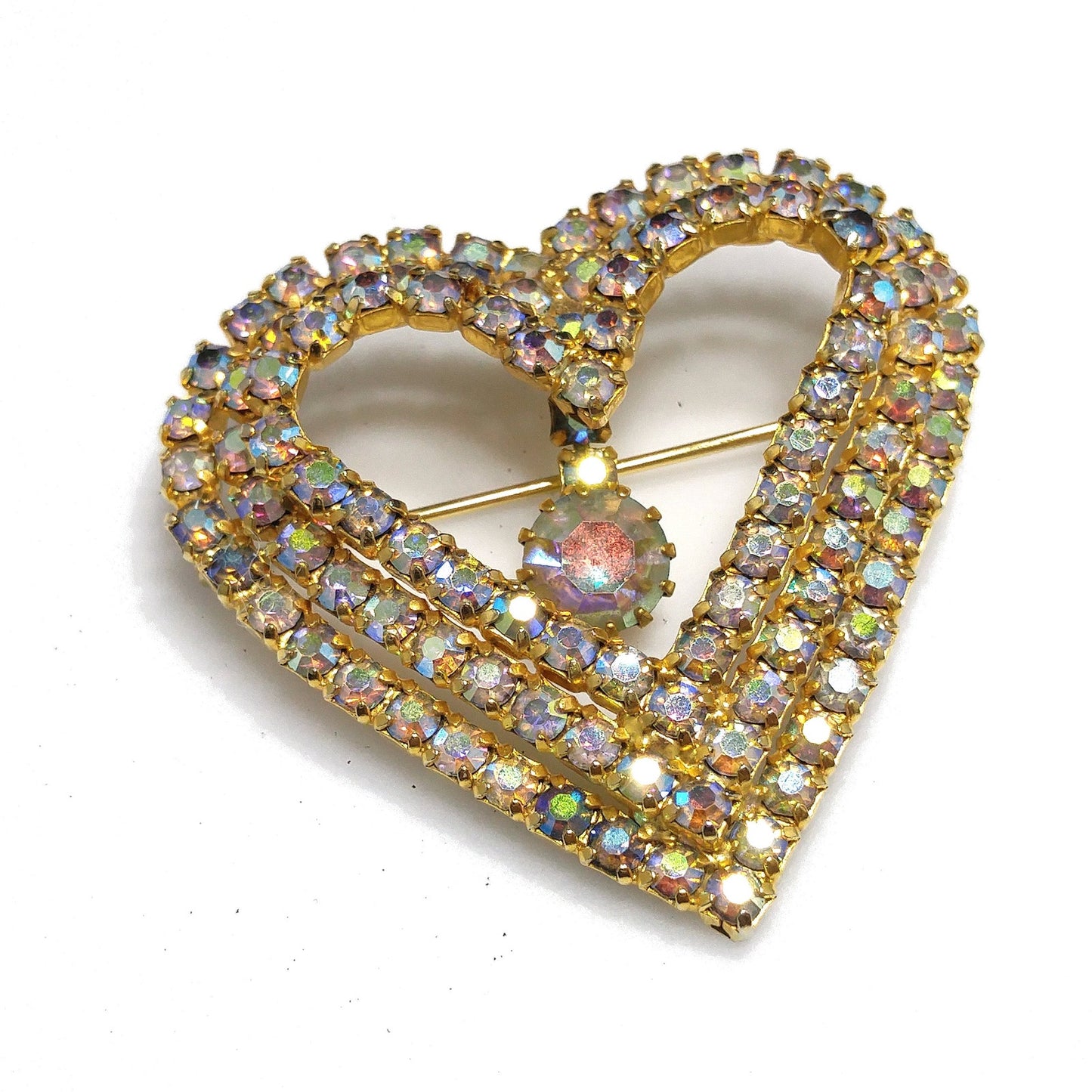 Aurora Borealis Heart Brooch, AB Rhinestone Dangle, 1960s Vintage Jewelry