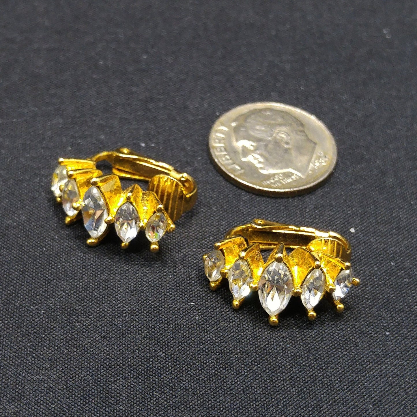 Christian Dior Half Hoop Marquise Cut Rhinestone Clip Earrings, 1970s Vintage Jewelry