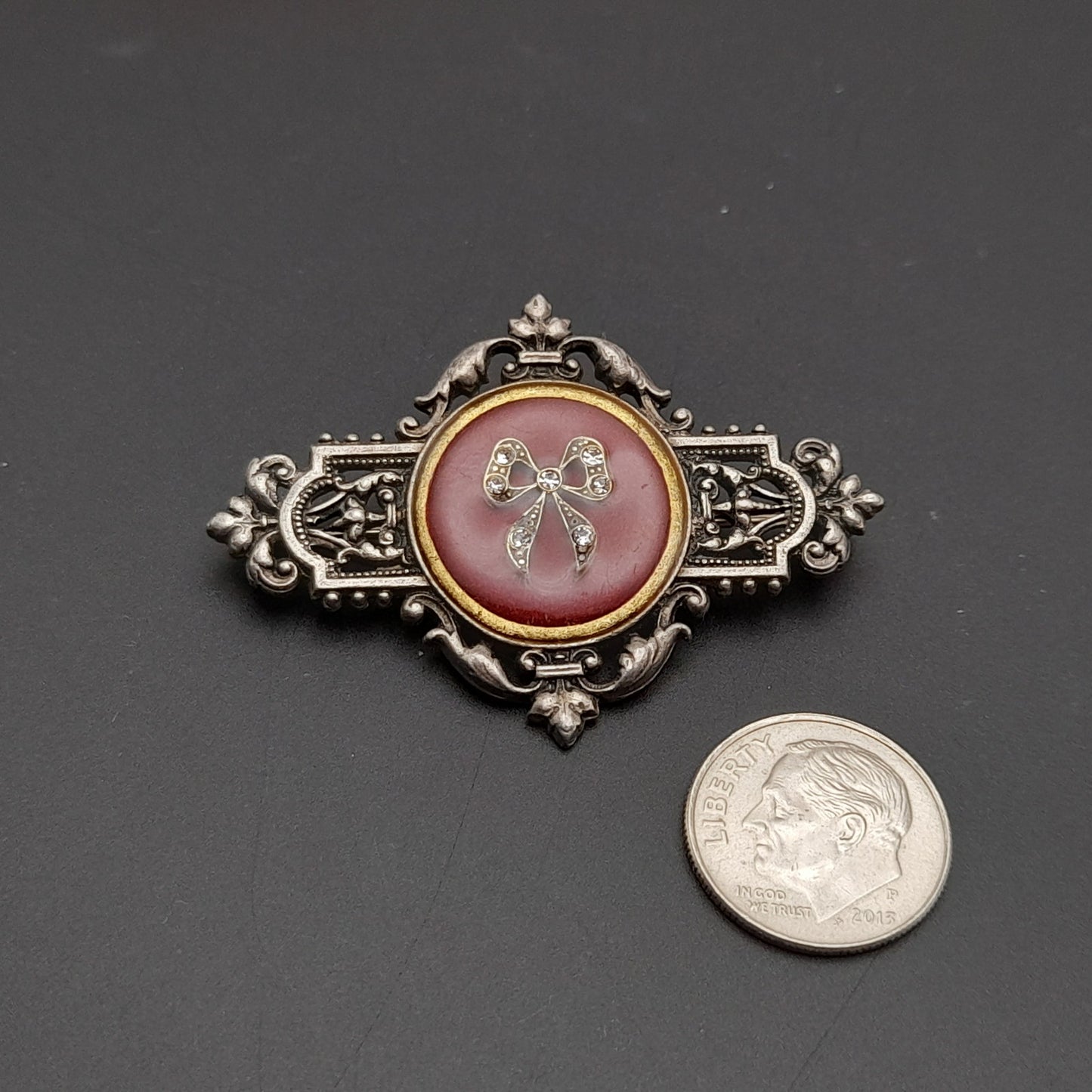 Vintage Catherine Popesco Art Deco Red Enamel Silver Plated Brooch