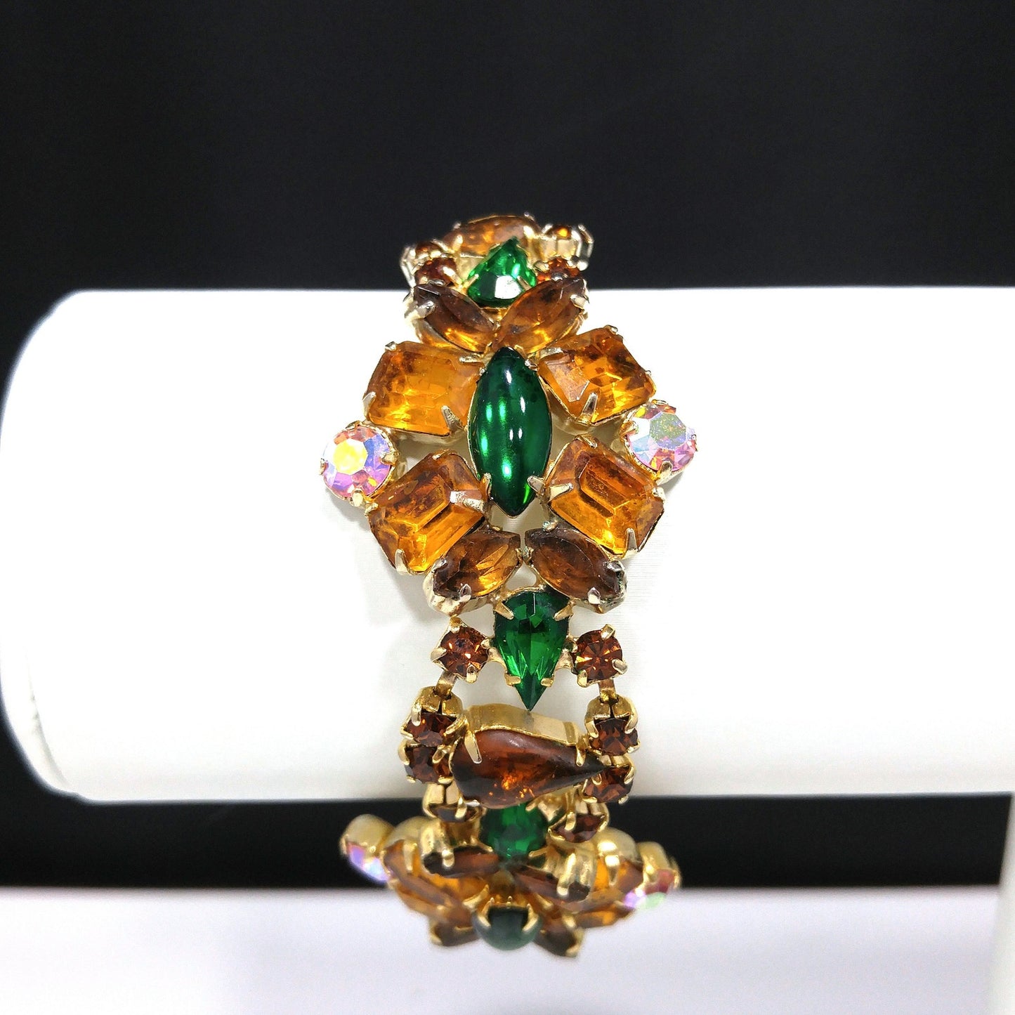 Light Topaz & Green Rhinestone Bracelet, Gold Plated, Aurora Borealis, 1960s Vintage Jewelry