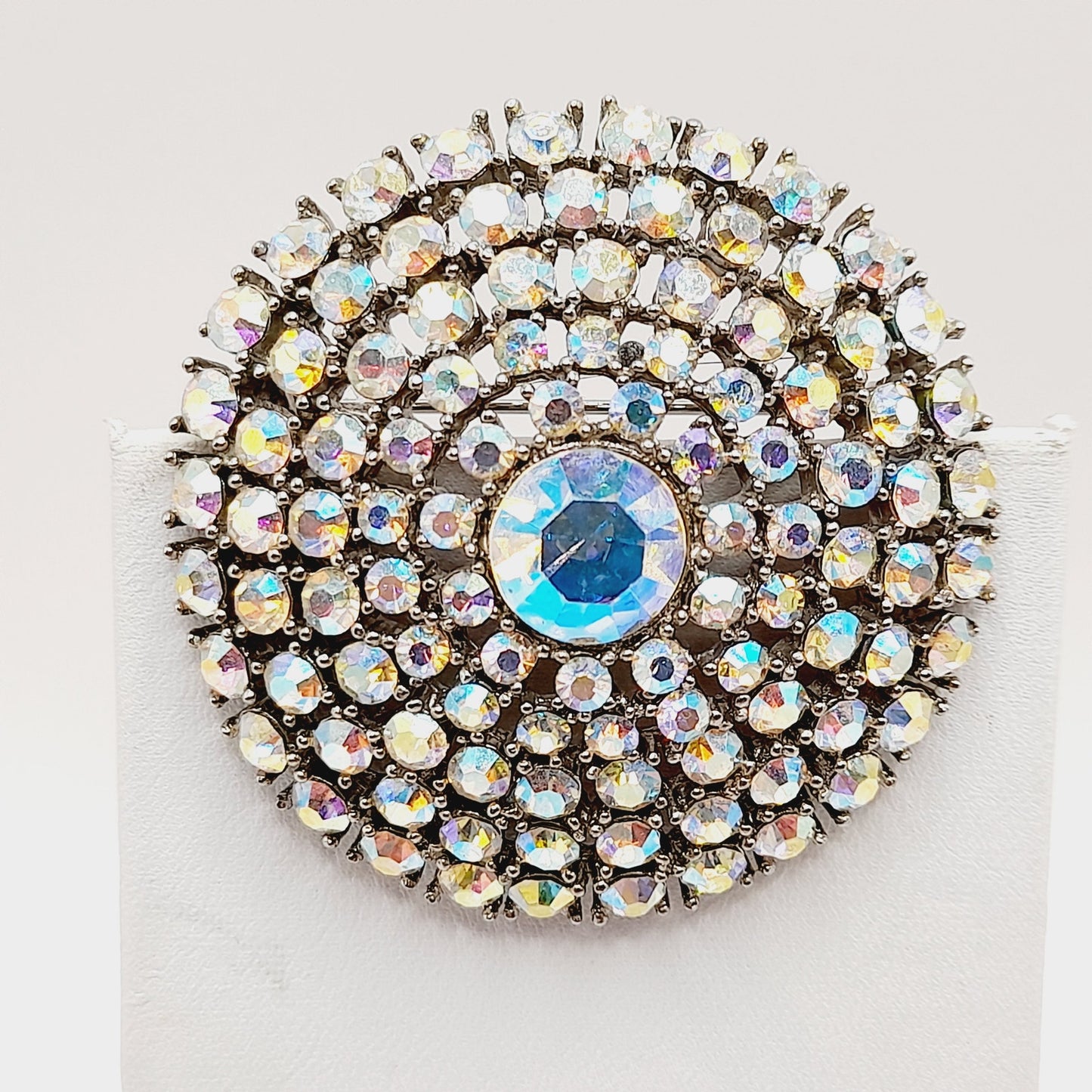 Weiss Aurora Borealis Rhinestone Brooch, Rhodium Plated, 1950s