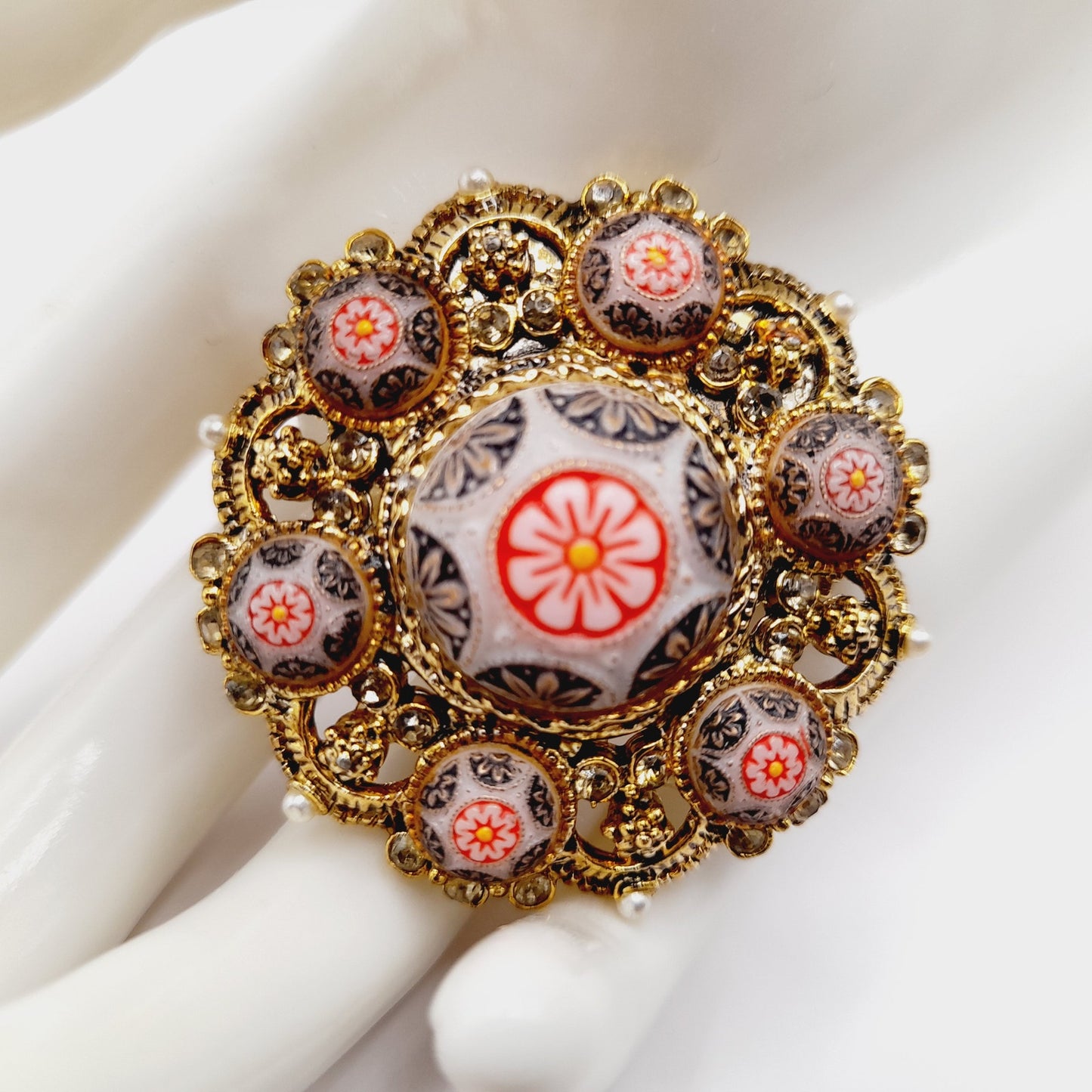Vintage Micro Mosaic Floral Brooch, Gold Tone Filigree, 1 3/4 Inches