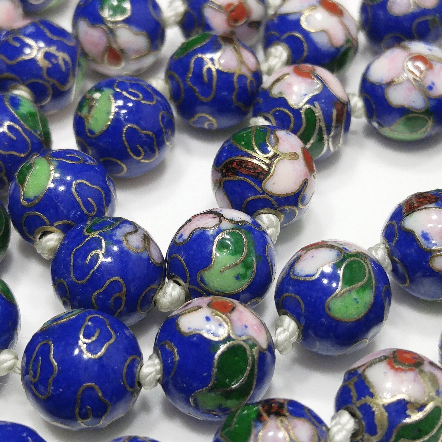 Cloisonne Blue Beaded Necklace, Floral Hand Painted Beads, 1960s Vintage Jewelry