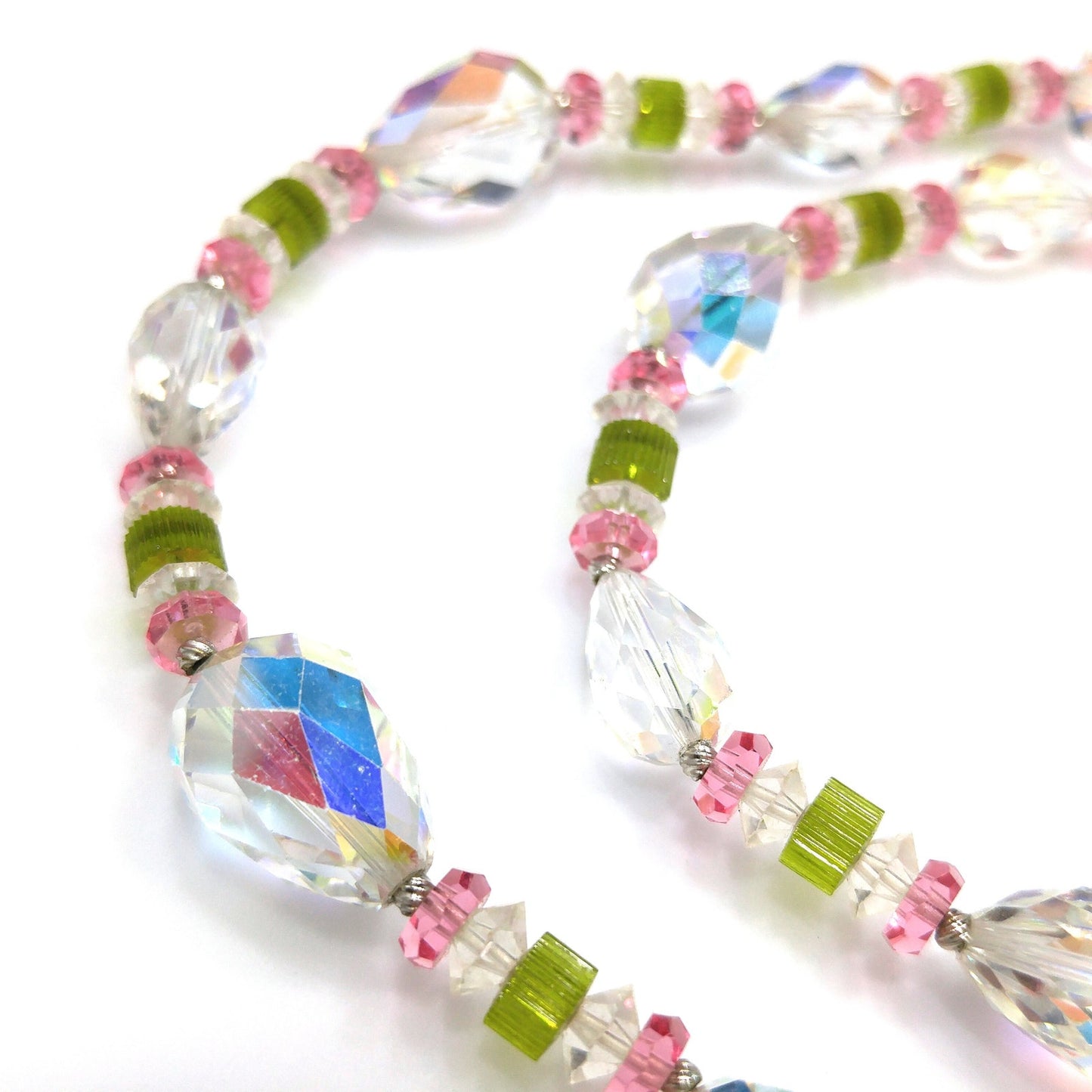 Vendome Crystal Necklace – 1960s Vintage Jewelry with Pear Shaped Swarovski Beads, Pink & Green Accents, 22 Inch Strand