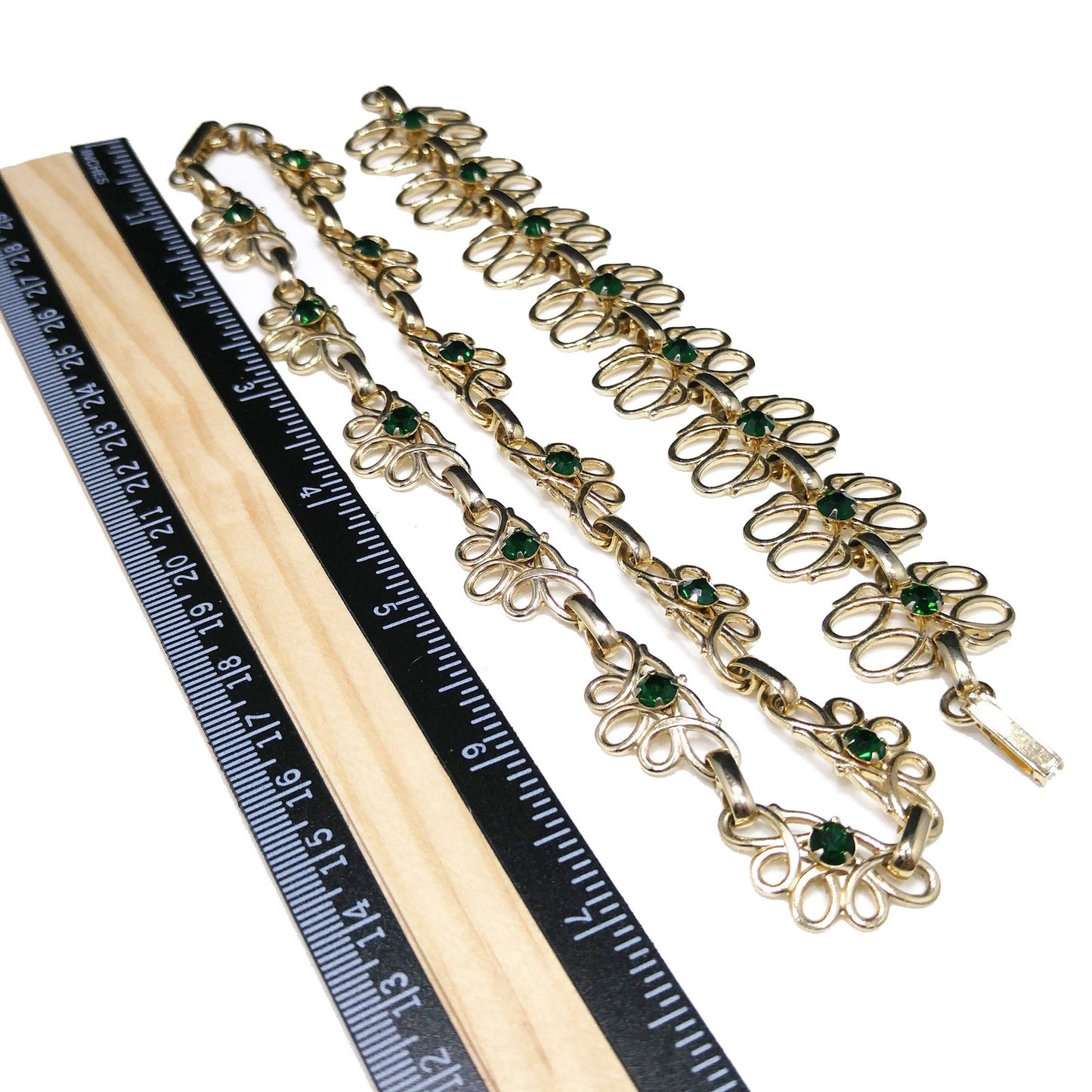 Green Rhinestone Necklace & Bracelet Set, Gold Tone, 1950s Vintage Jewelry