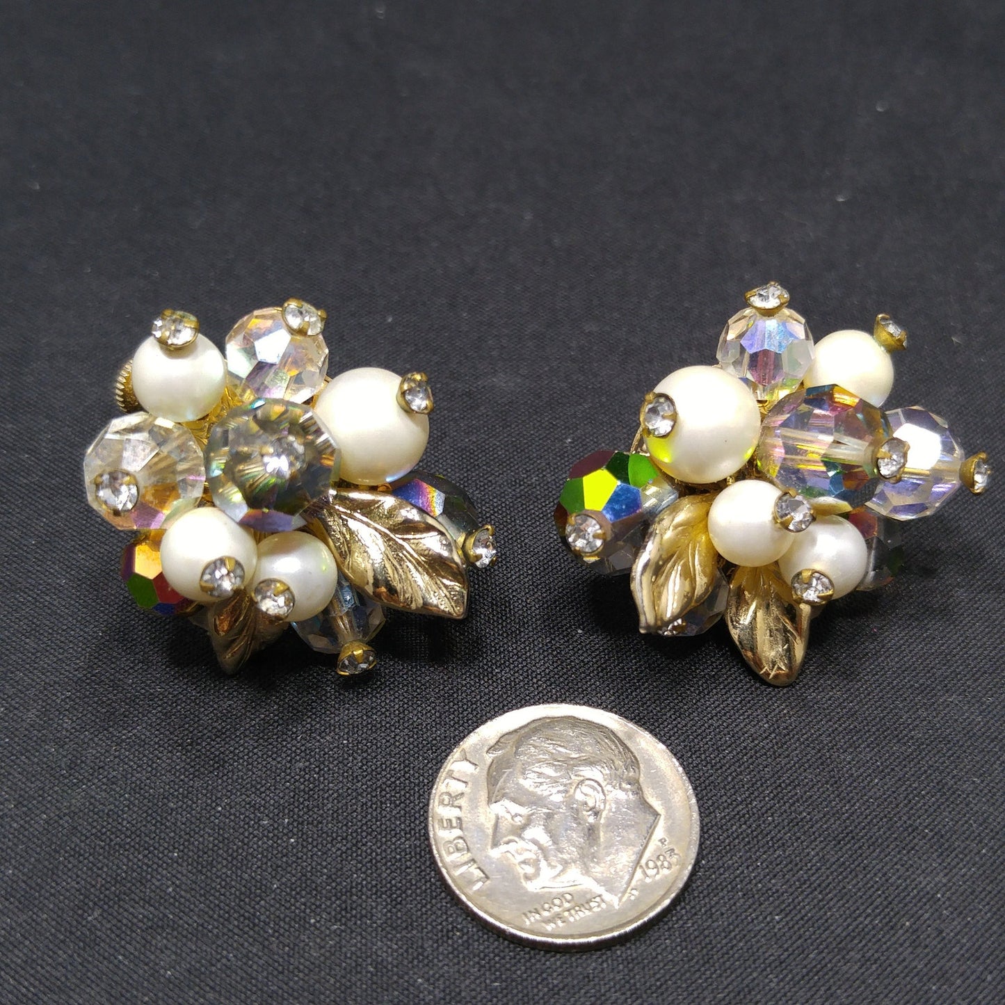 Vendome Floral Bead Crystal Clip Earrings, Faux Pearls, Vitrail Crystal, 1960s Vintage Jewelry
