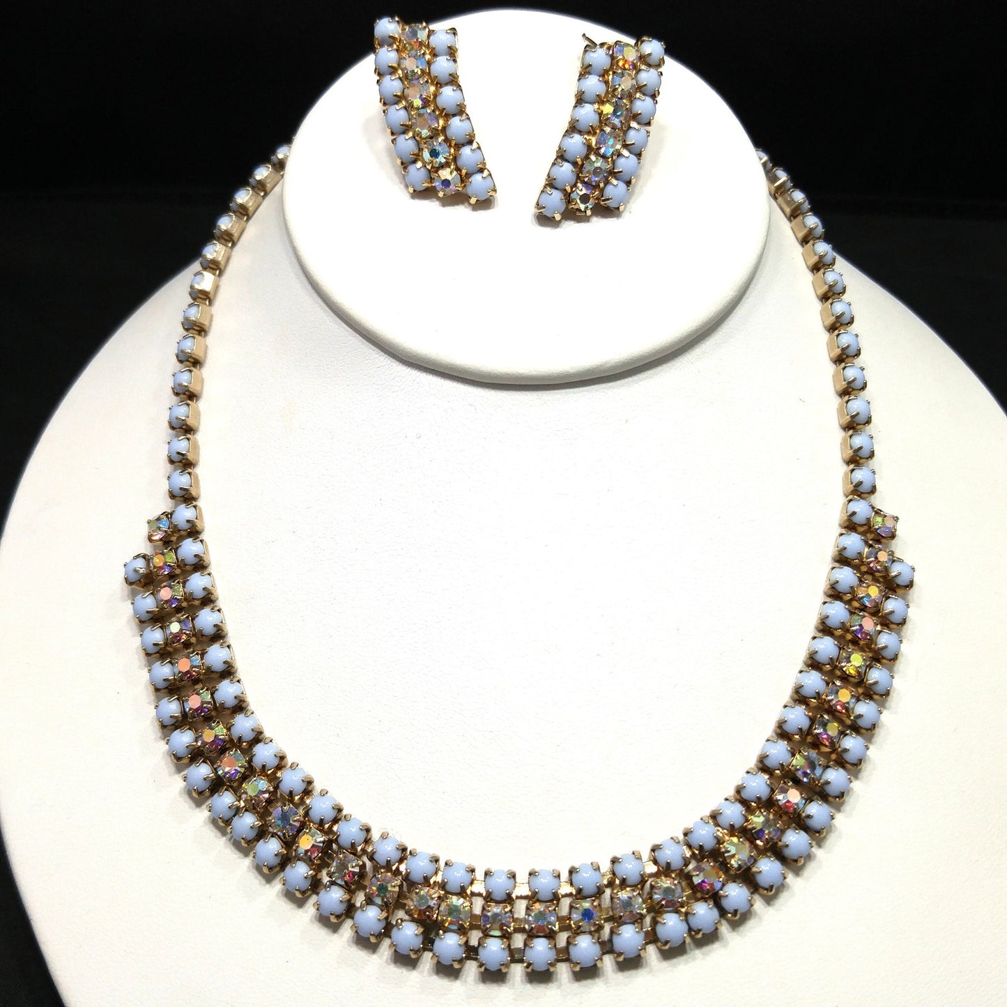 Aurora Borealis Rhinestone Necklace Earrings Set, Light Blue Cabochons, Mid Century, 1960s Vintage Jewelry