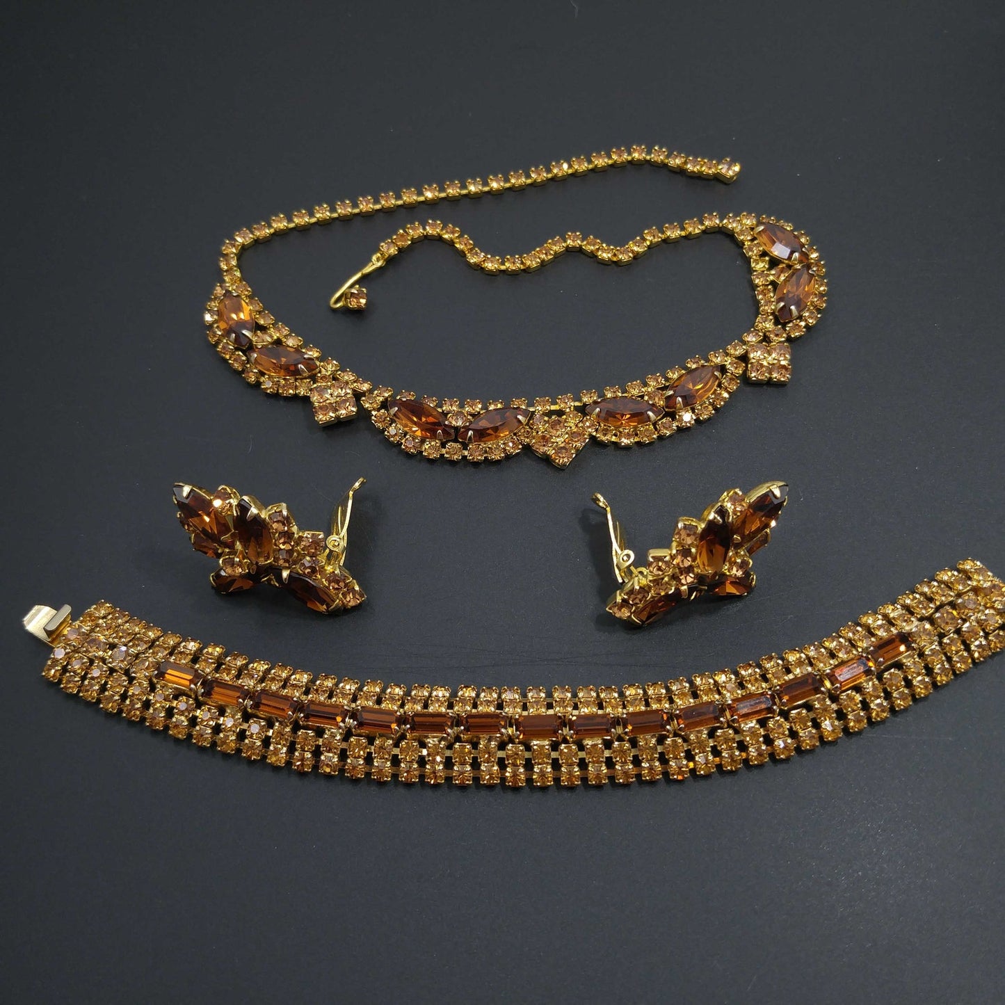 Vintage Rhinestone Jewelry Set: Necklace Bracelet Earrings, 1960s