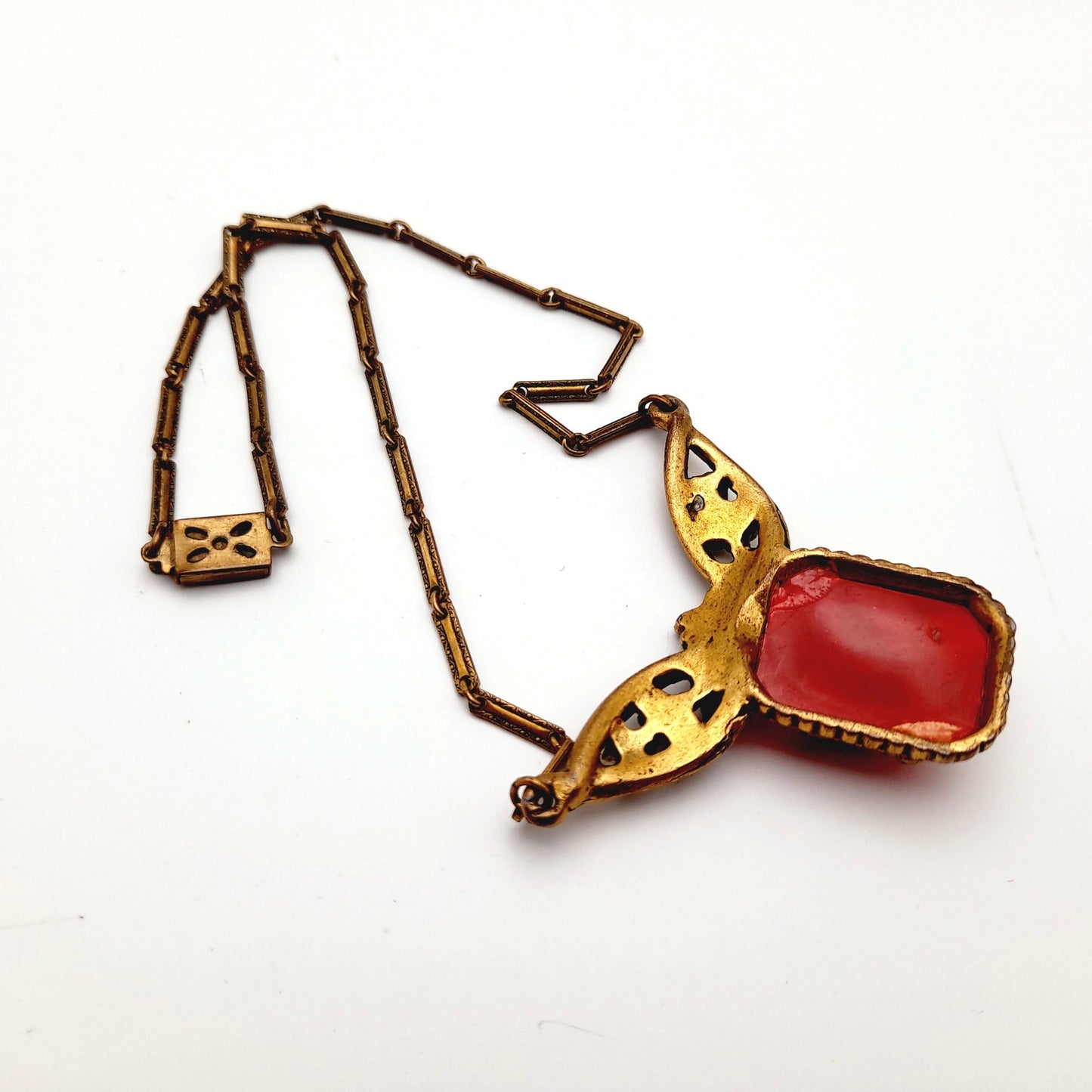 Vintage 1920s Red Thermoset Rhinestone Pendant Necklace, Art Deco, Pot Metal