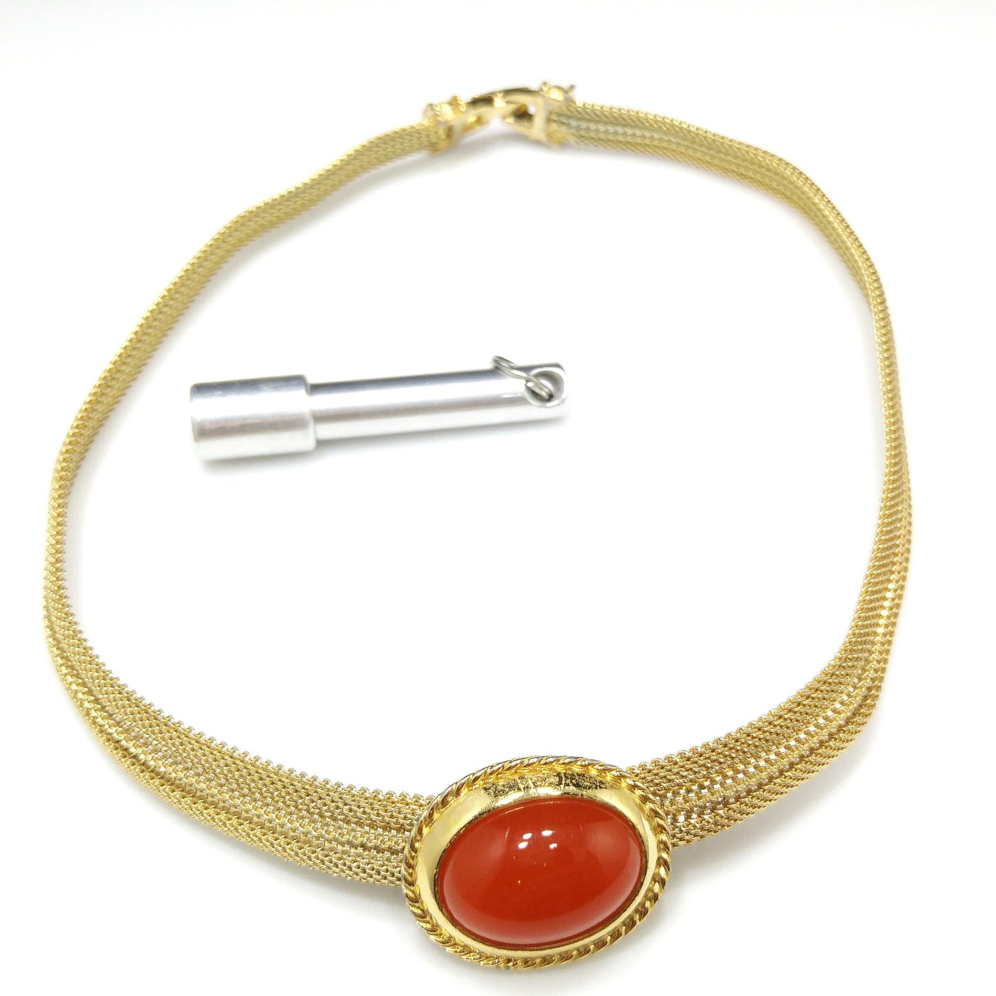 Trifari Orange Lucite Cabochon Necklace, Gold Plated Mesh, 1970s Vintage Jewelry