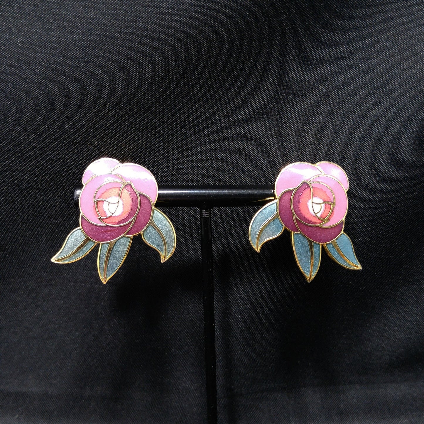 Laurel Burch "Deco Rose" Clip On Earrings, Pink Red Green Enamel, Gold Plated