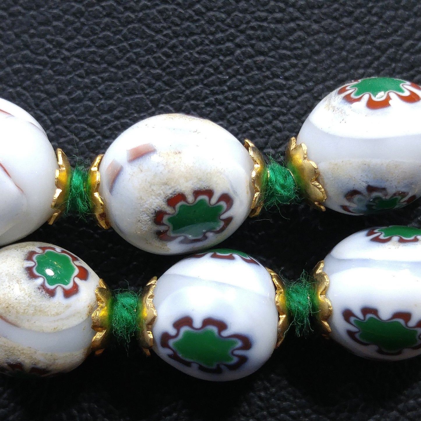 Vintage 1960s Hand Painted Floral Beaded Necklace – Green & Red Flowers – 28 In