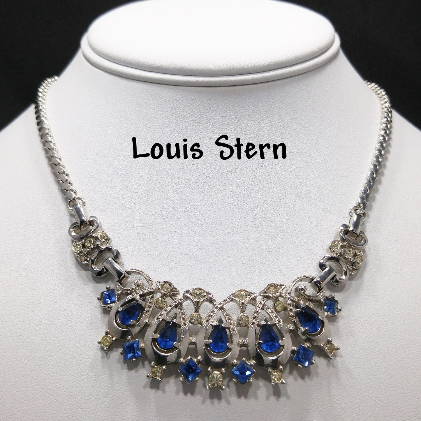 Lustern Blue Rhinestone Silver Tone Necklace, Louis Stern Gold Plated, 1940s Vintage Jewelry