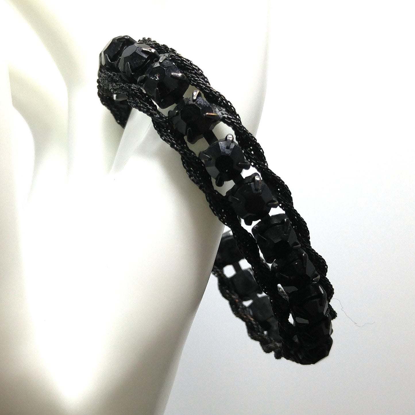 Weiss Black Japanned Bracelet, Black Rhinestones, 1950s Vintage Jewelry