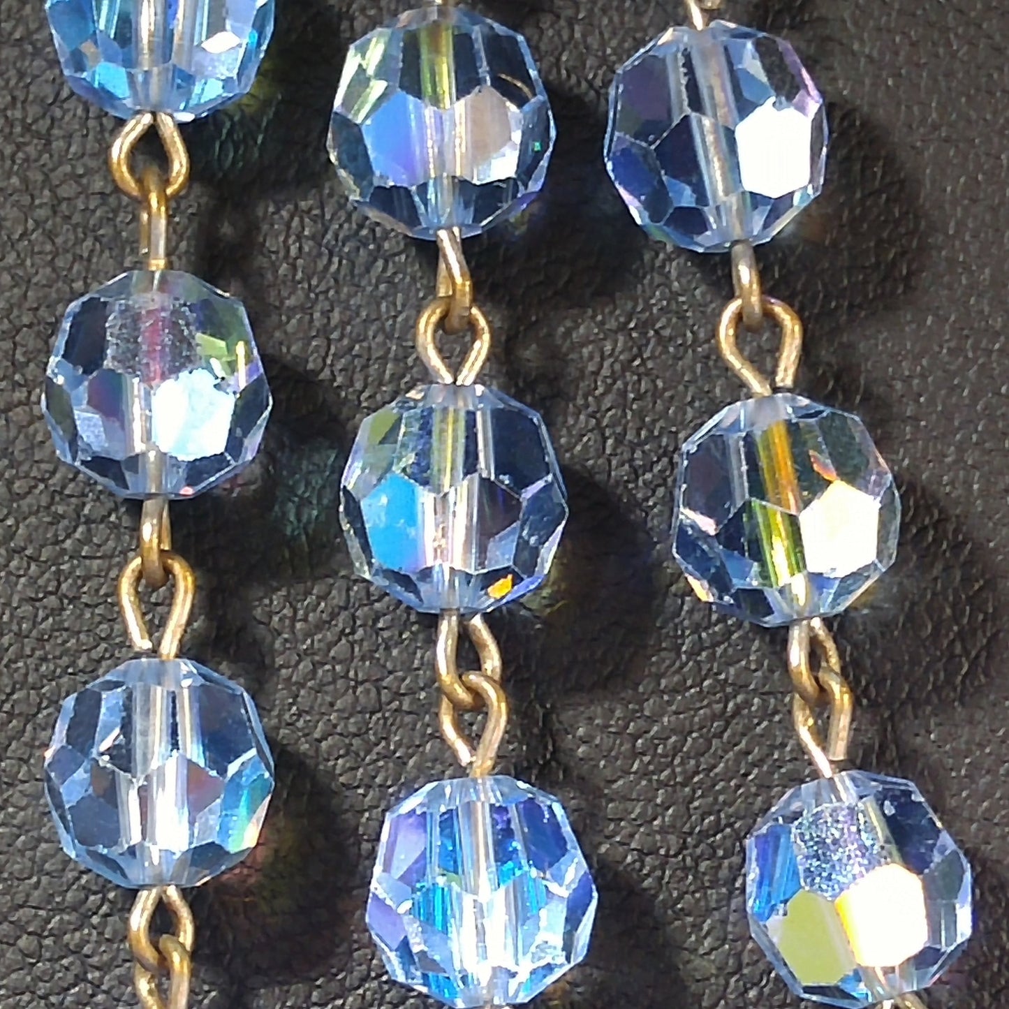 Blue Austrian Crystal Beaded Necklace, Long Rosary Style, 1960s Vintage Jewelry