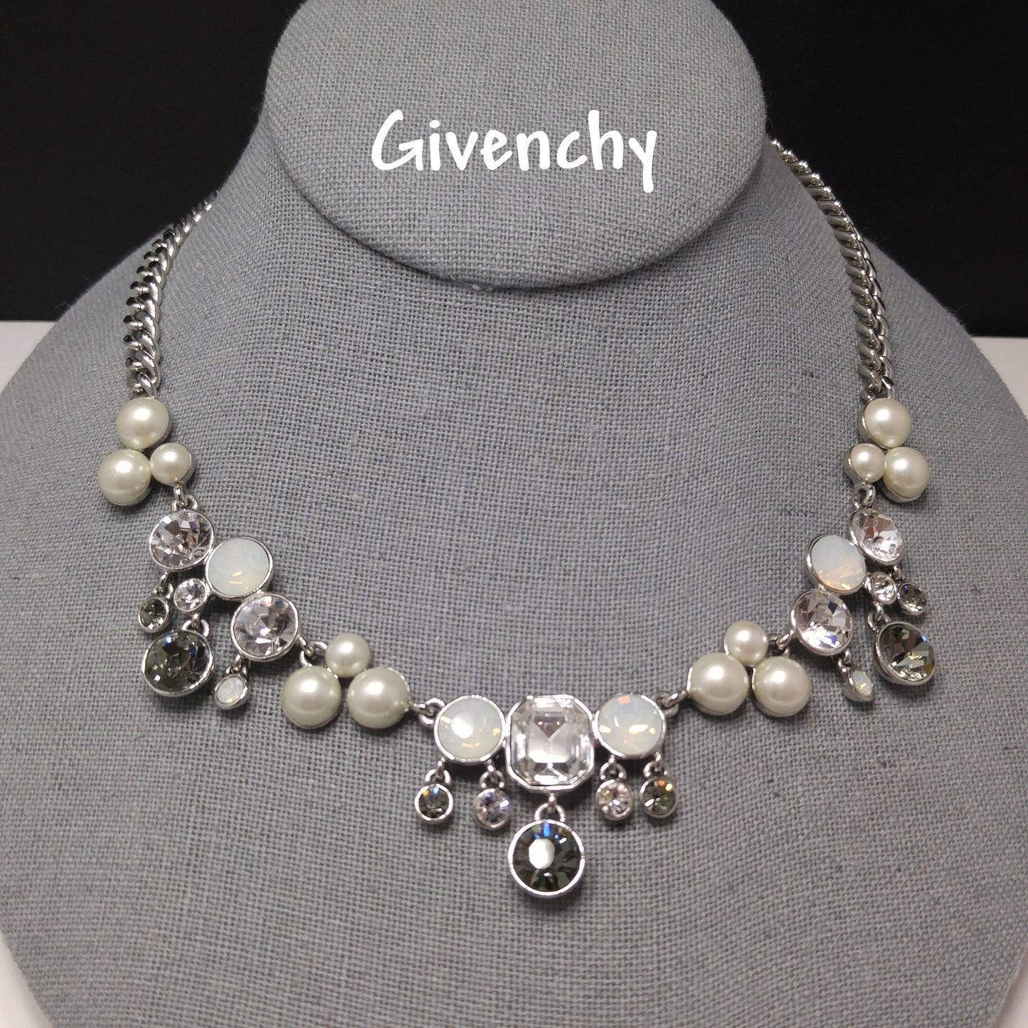 Vintage Givenchy Faux Pearl Rhinestone Necklace, Rhodium Plated, 1990s Jewelry