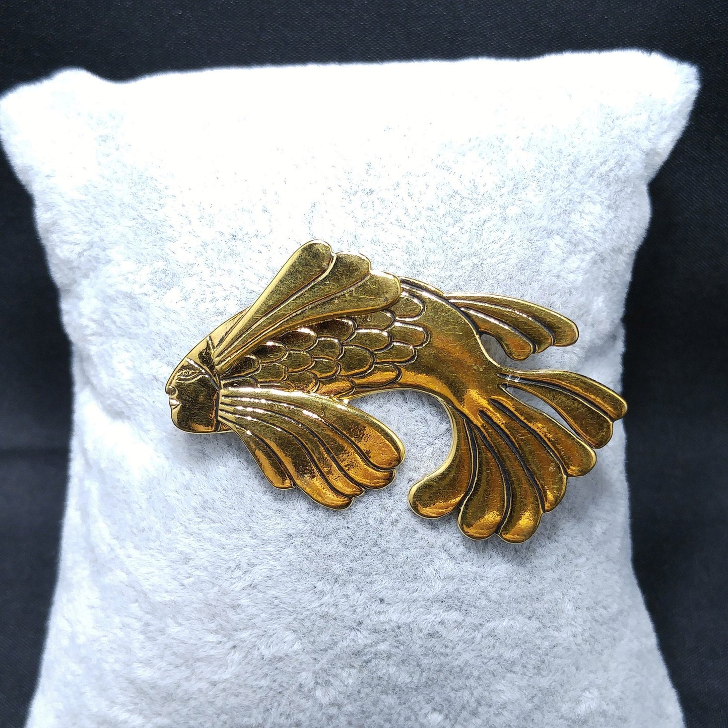 Laurel Burch Fish With Human Face Brooch, Gold Plated, 1980s Vintage Jewelry