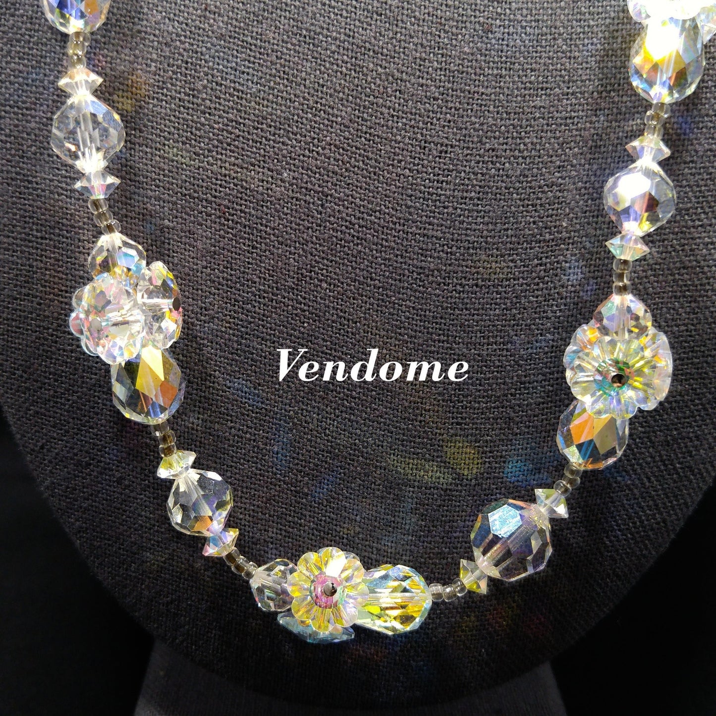 Vendome Flower Margarita Beaded Necklace, Aurora Borealis Clear Crystal Beads, 1960s Vintage Jewelry