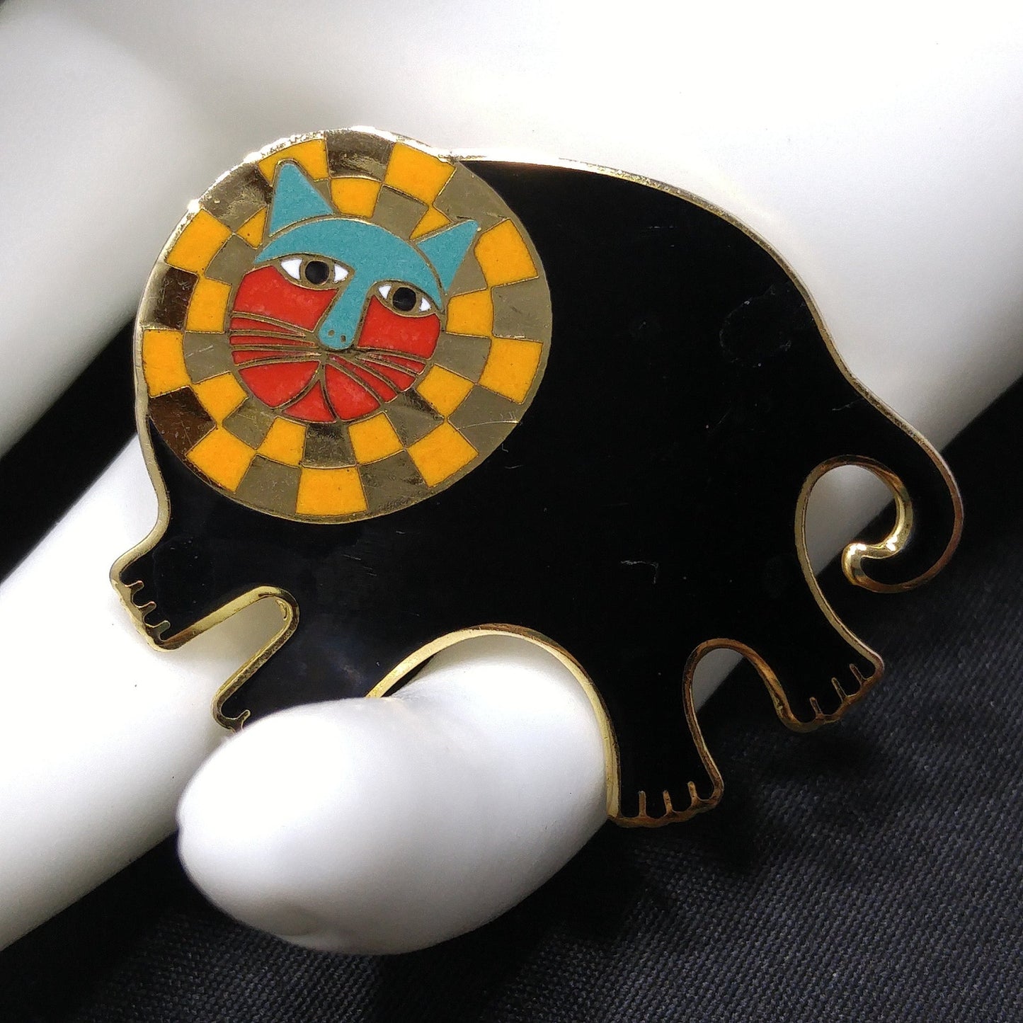 Laurel Burch "Bartholomew" Brooch, Gold Plated Cloisonné, Black Gold Enamel, 1980s Vintage Jewelry
