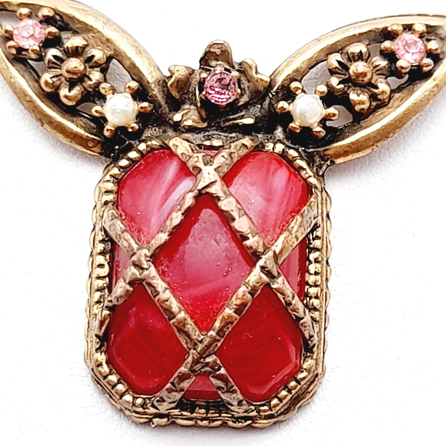 Vintage 1920s Red Thermoset Rhinestone Pendant Necklace, Art Deco, Pot Metal