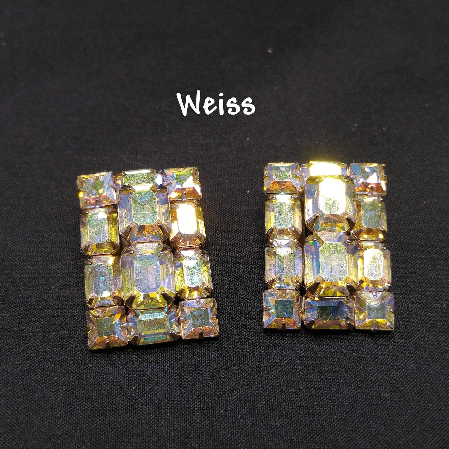 Weiss Aurora Borealis Emerald Cut Earrings, Gold Plating, 1960s Vintage Jewelry
