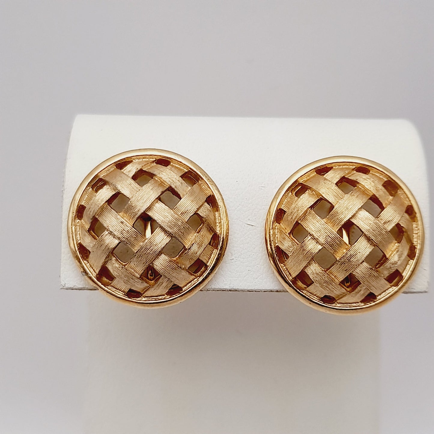 Vintage Crown Trifari Basketweave Clip Earrings – Gold Plated Designer Jewelry