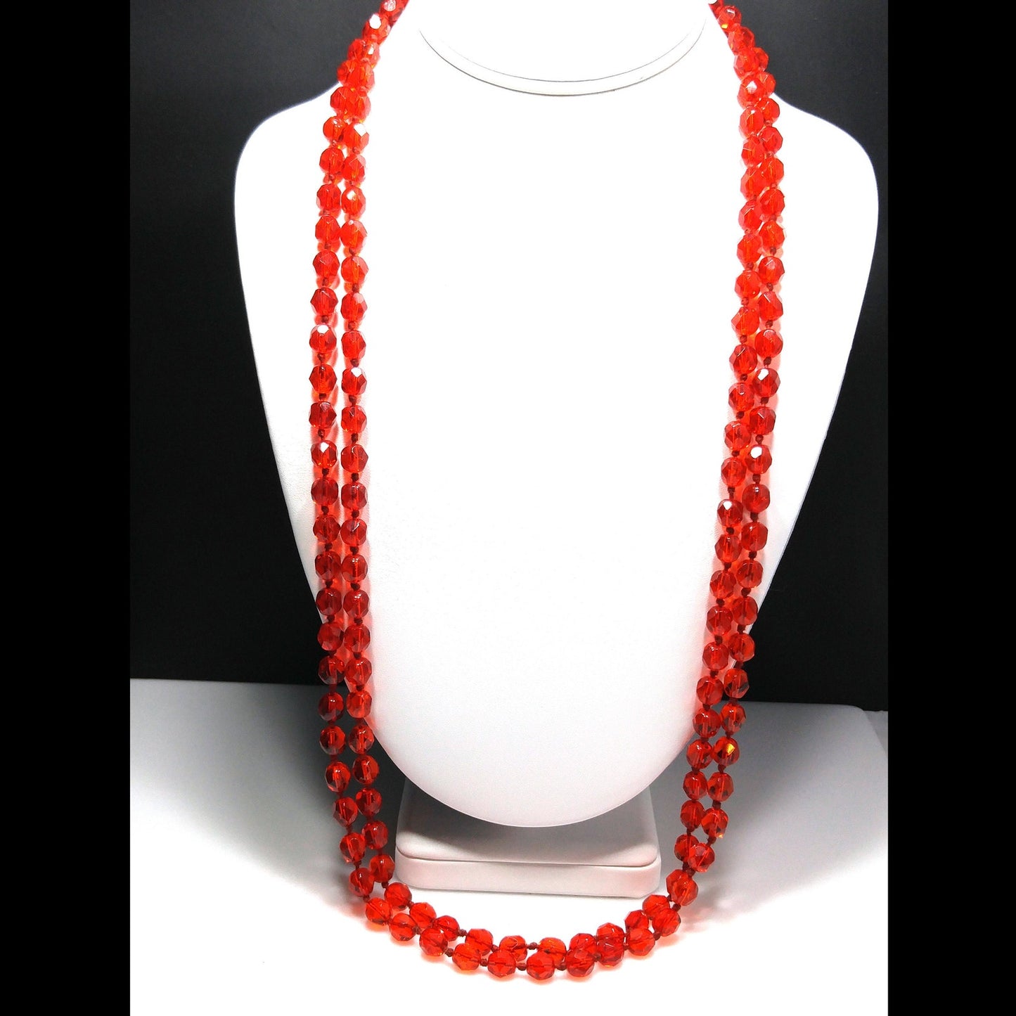 Vintage Red Crystal Hand Knotted Long Necklace, 62 Inches, No Clasp, 1960s Vintage Jewelry