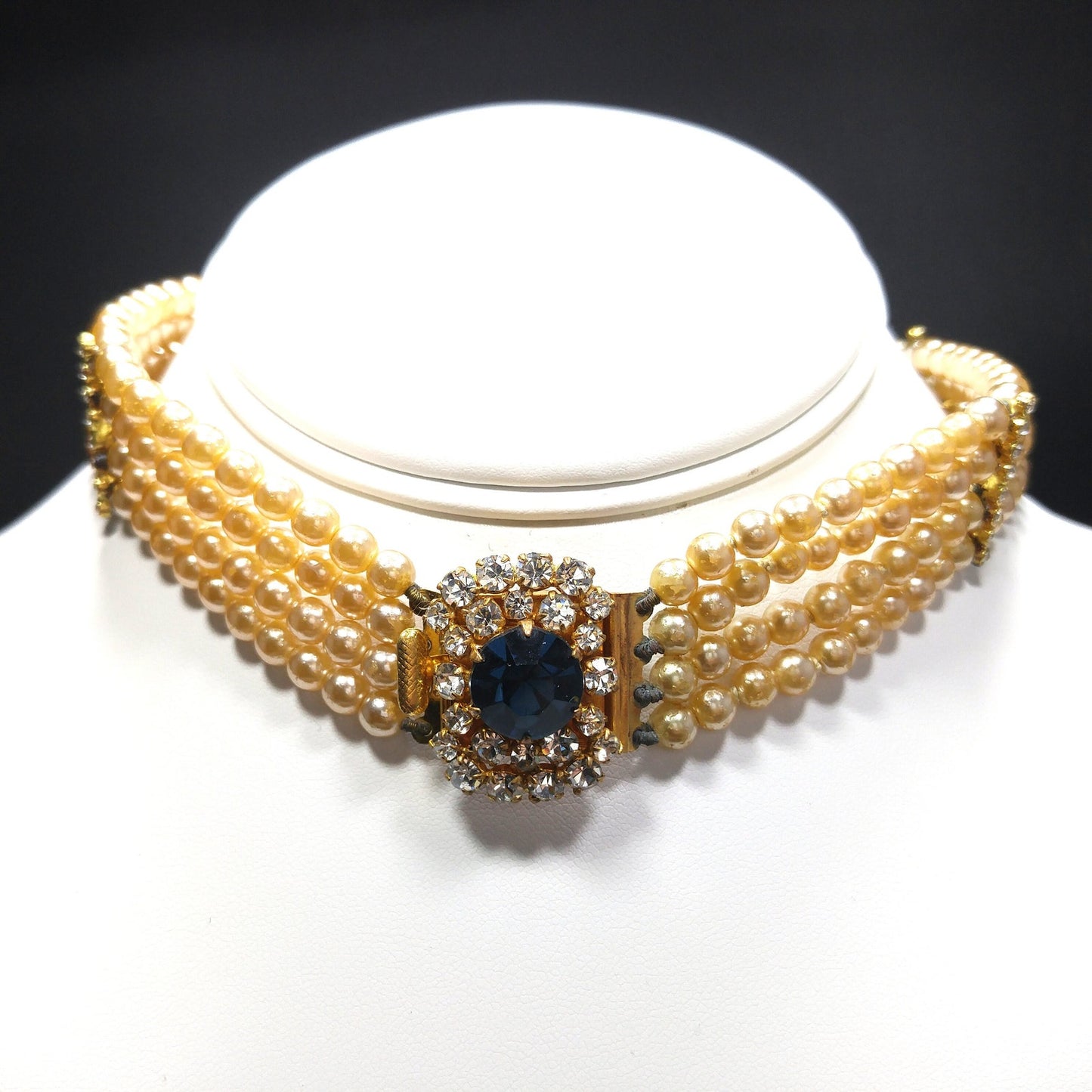 Blue Rhinestone Faux Pearl Collar Necklace, Three Strands, 14 Inches, 1950 Vintage Jewelry