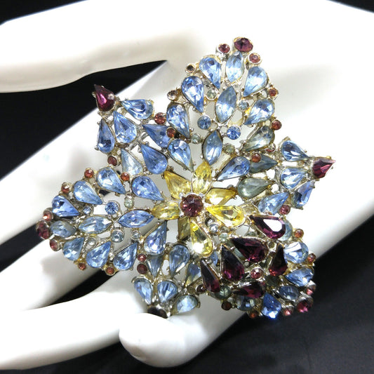 Mid Century Large Rhinestone Orchid Brooch, Light Blue Purple Rhinestones, 1960s Vintage Jewelry
