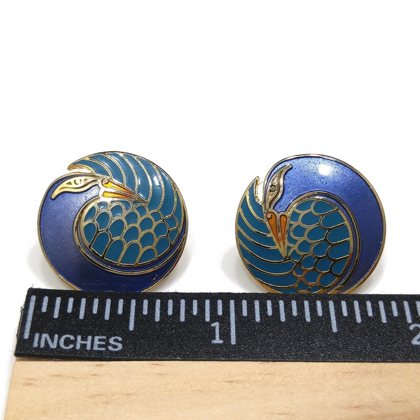 Laurel Burch "Mynah Bird" Blue Post Earrings, Gold Plated Cloisonné, 1980s