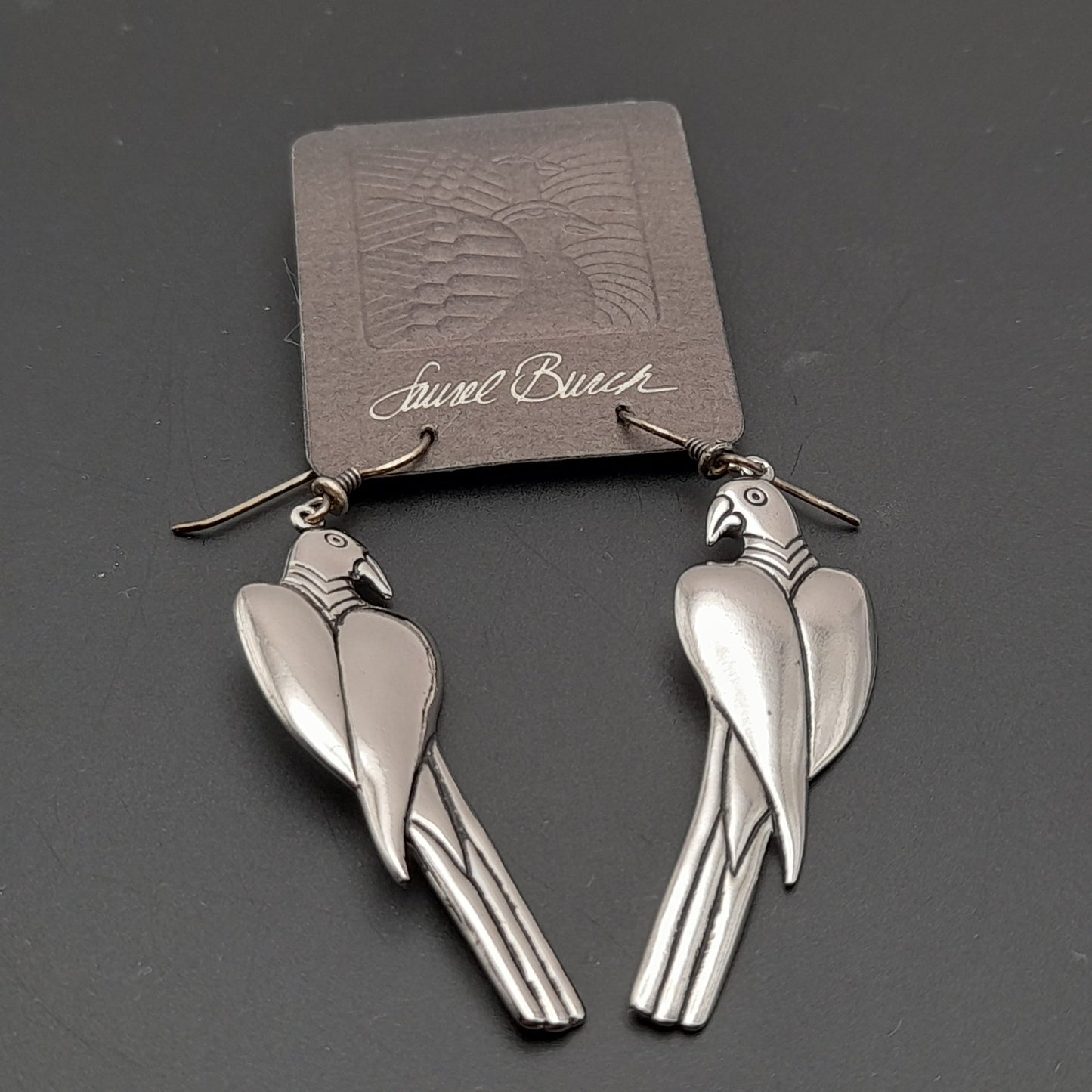 Vintage 1988 Laurel Burch Parrot Earrings – Original Card – Silver Tone Dangle Jewelry