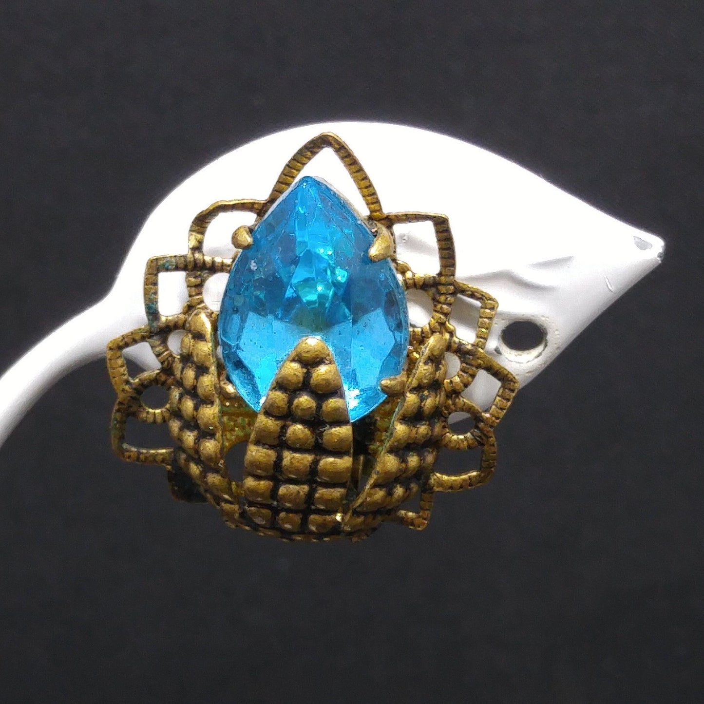 Germany Turquoise Filigree Clip Earrings, Large Rhinestone, 1940s Vintage Jewelry