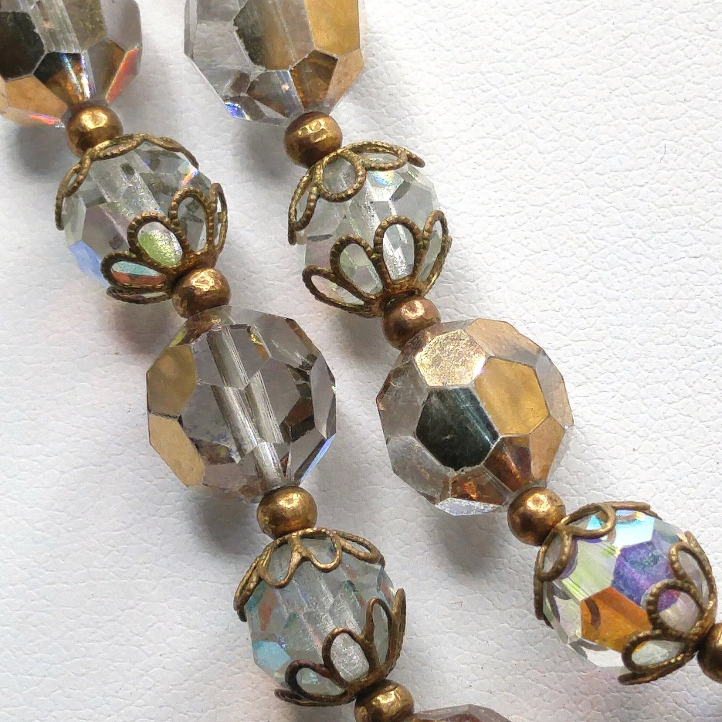 Clear Gold Crystal Beaded Necklace, Mid-Century Two Strands, 1960s Vintage Jewelry