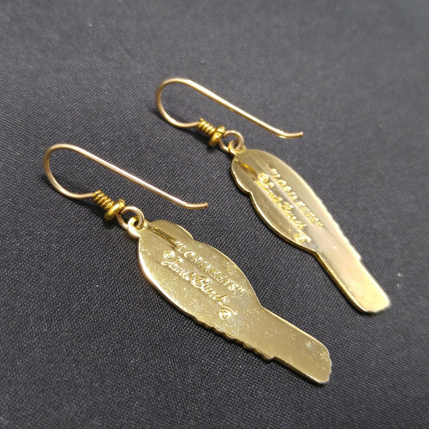 Laurel Burch "Lorikeets" Earrings, Gold Plated Cloisonne & Enamel, 1980s Vintage