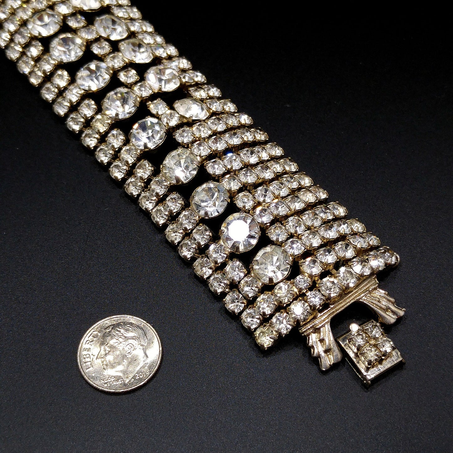 Mid Century Clear Rhinestone Wide Bracelet, 22K Gold Plate, 1950s Vintage Jewelry
