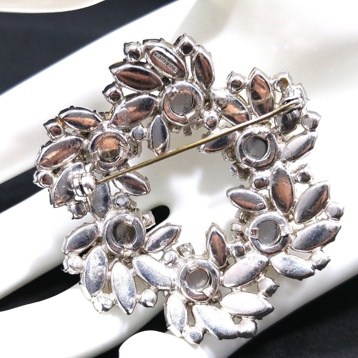 Austrian Floral Wreath Crystal Brooch, Rhodium Plated, 1960s Vintage Jewelry