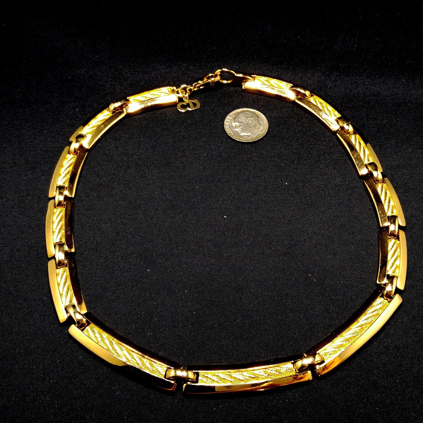 Vintage Christian Dior Choker Textured Links Necklace, Gold Plated, 1980s