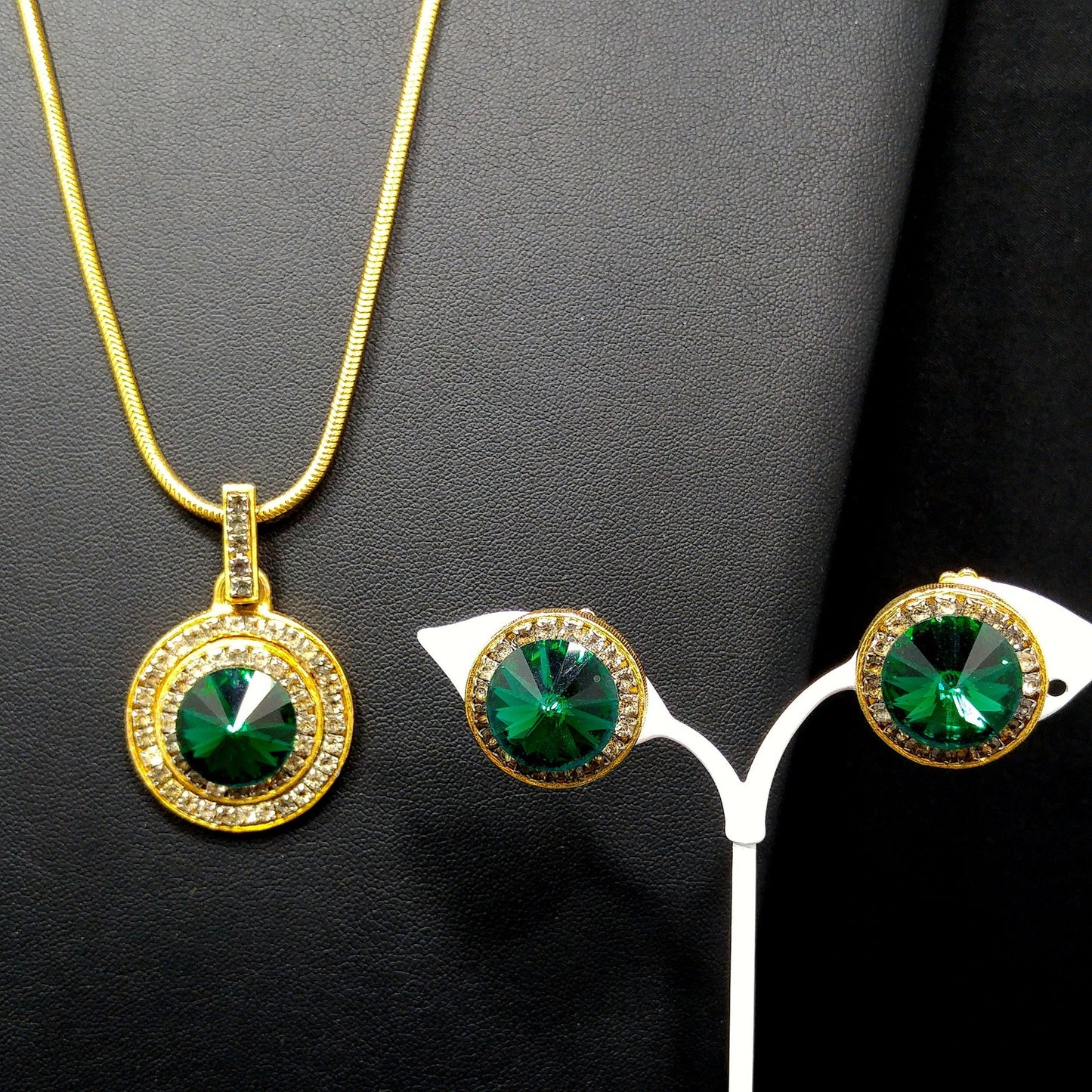 Vintage Green Rivoli Necklace & Earrings, Pave Clear Rhinestones, 1970s Vintage Jewelry