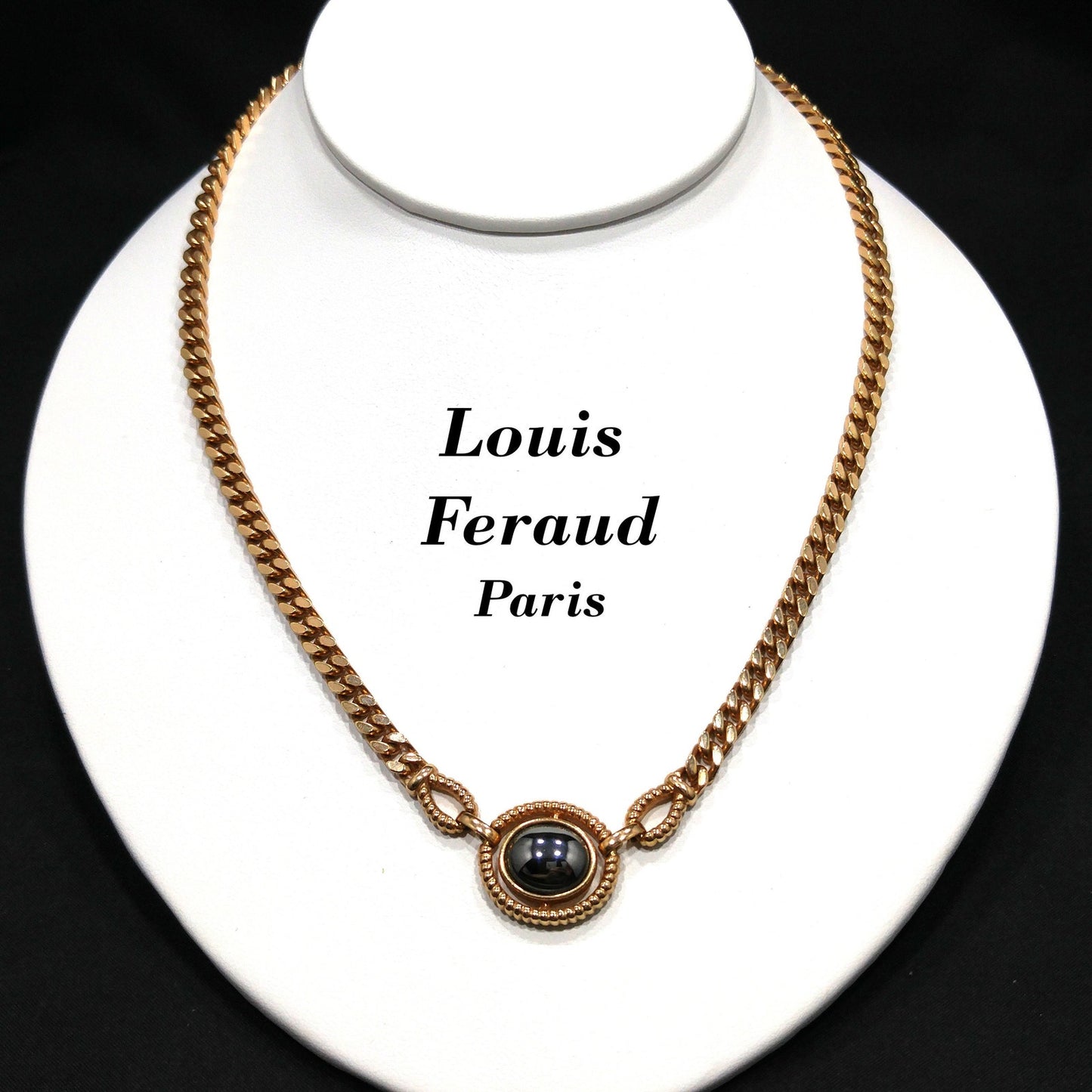 Louis Feraud Paris Gold Plated Pendant Necklace, Hematite Pendant, 1970s Vintage Jewelry