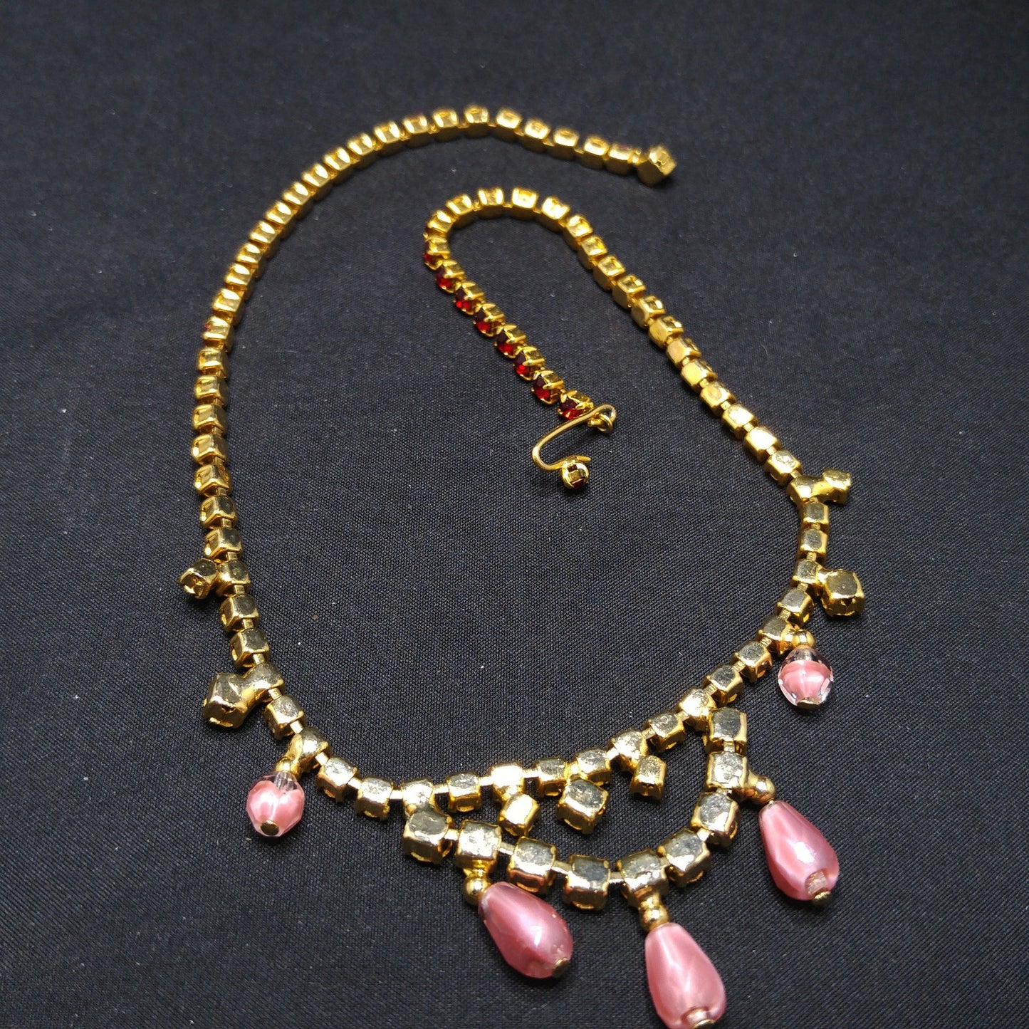 Red Rhinestone Pink Bead Choker Necklace, Gold Plated, 1950s Vintage Jewelry