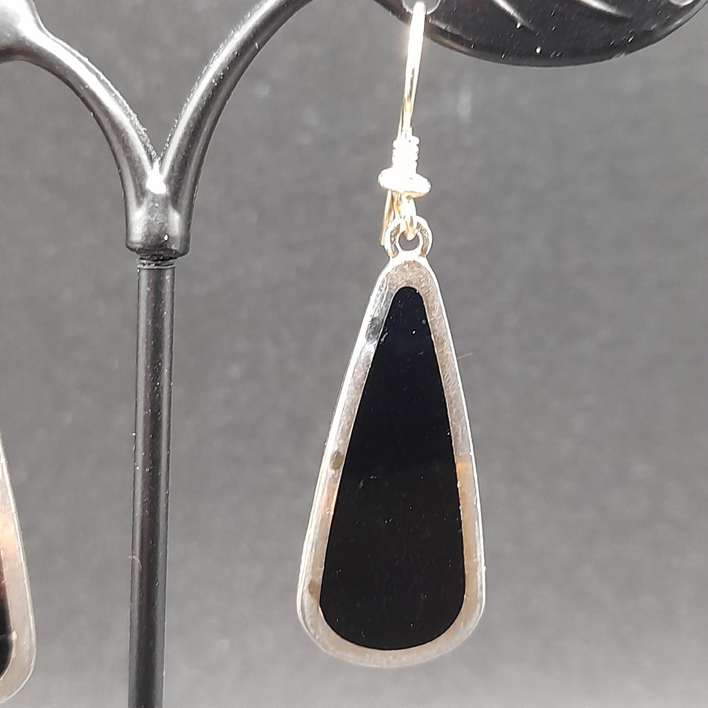 Vintage Laurel Burch Long Teardrop Black Enamel Earrings, Gold Plated 1980s