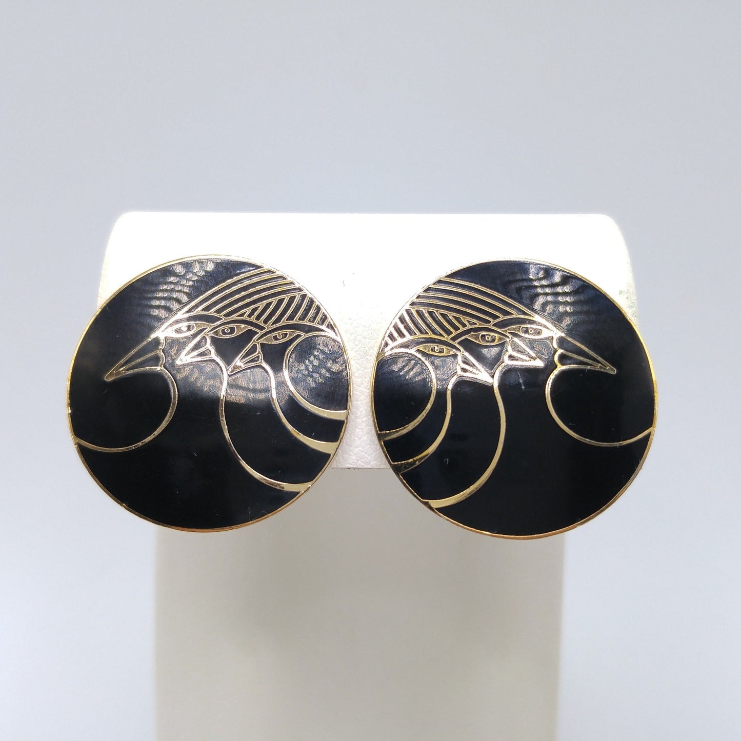 Vintage Laurel Burch "Celestial Birds" Clip Earrings, Black Enamel, Gold Plated