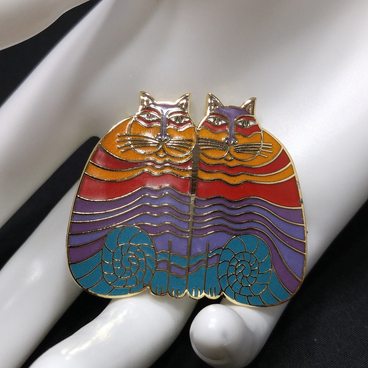 Laurel Burch "Rainbow Cats" Two Cat Brooch, Gold Plated Cloisonne Enamel, 1980s Vintage Jewelry