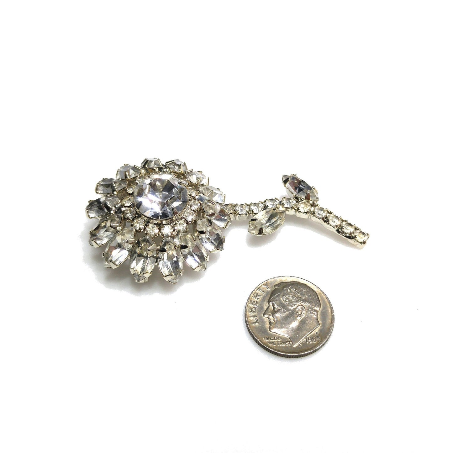 Clear Rhinestone Flower Brooch, Rhodium Plated, 1960s Vintage Jewelry