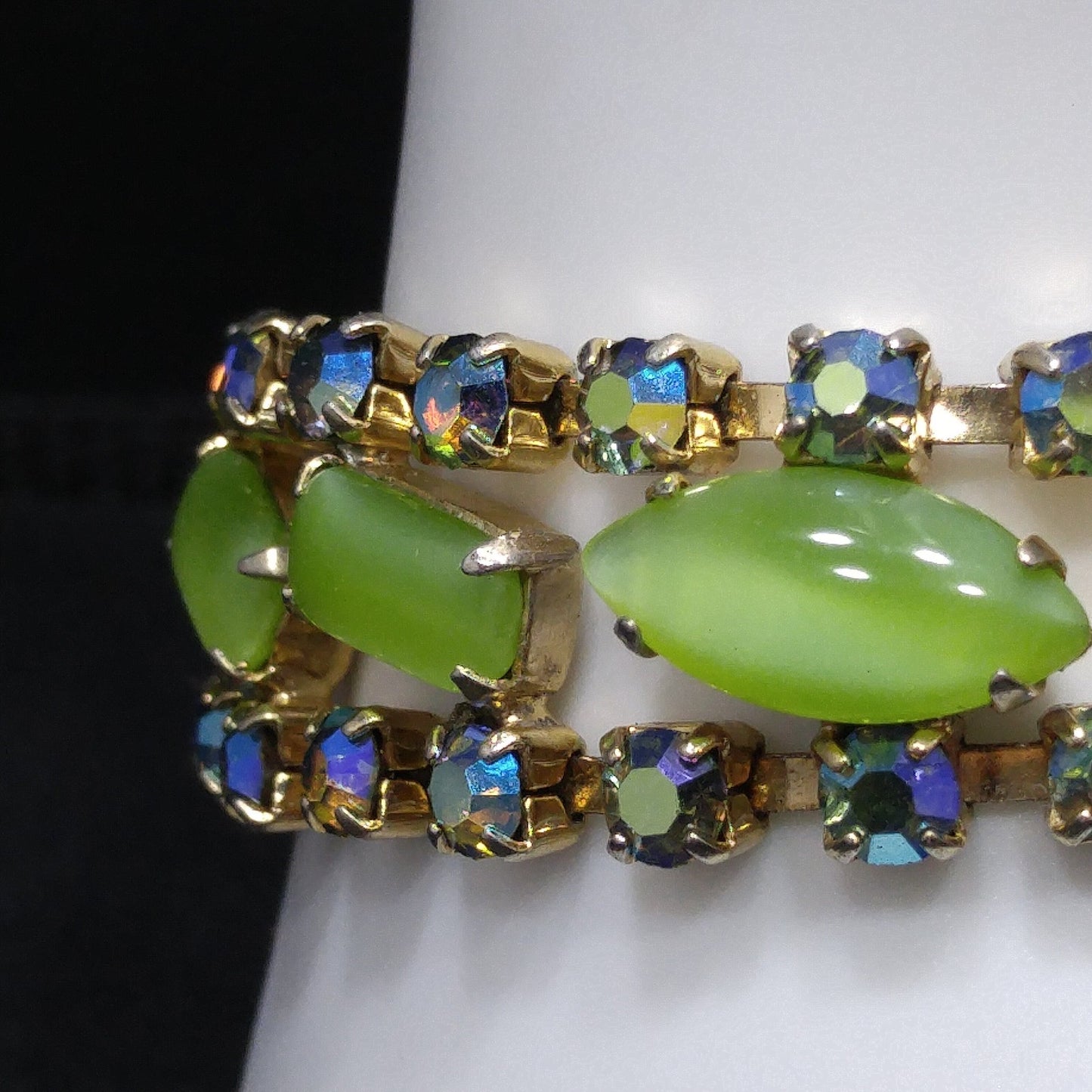Mid-Century Green Blue AB Rhinestone Bracelet, Aurora Borealis, 1950s Vintage Jewelry